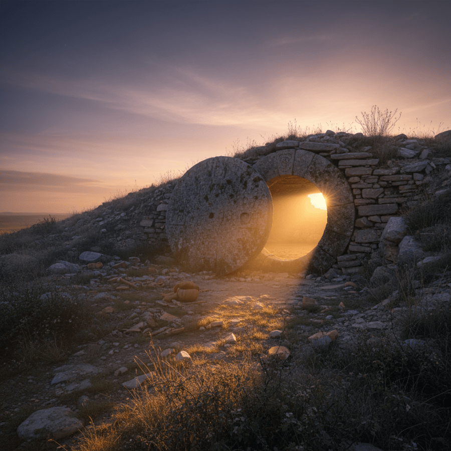 Sunbeams streaming through a round stone entrance built into a rocky hillside at sunset.