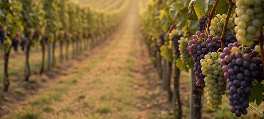 Four foxes walking through grapevines in a lush garden