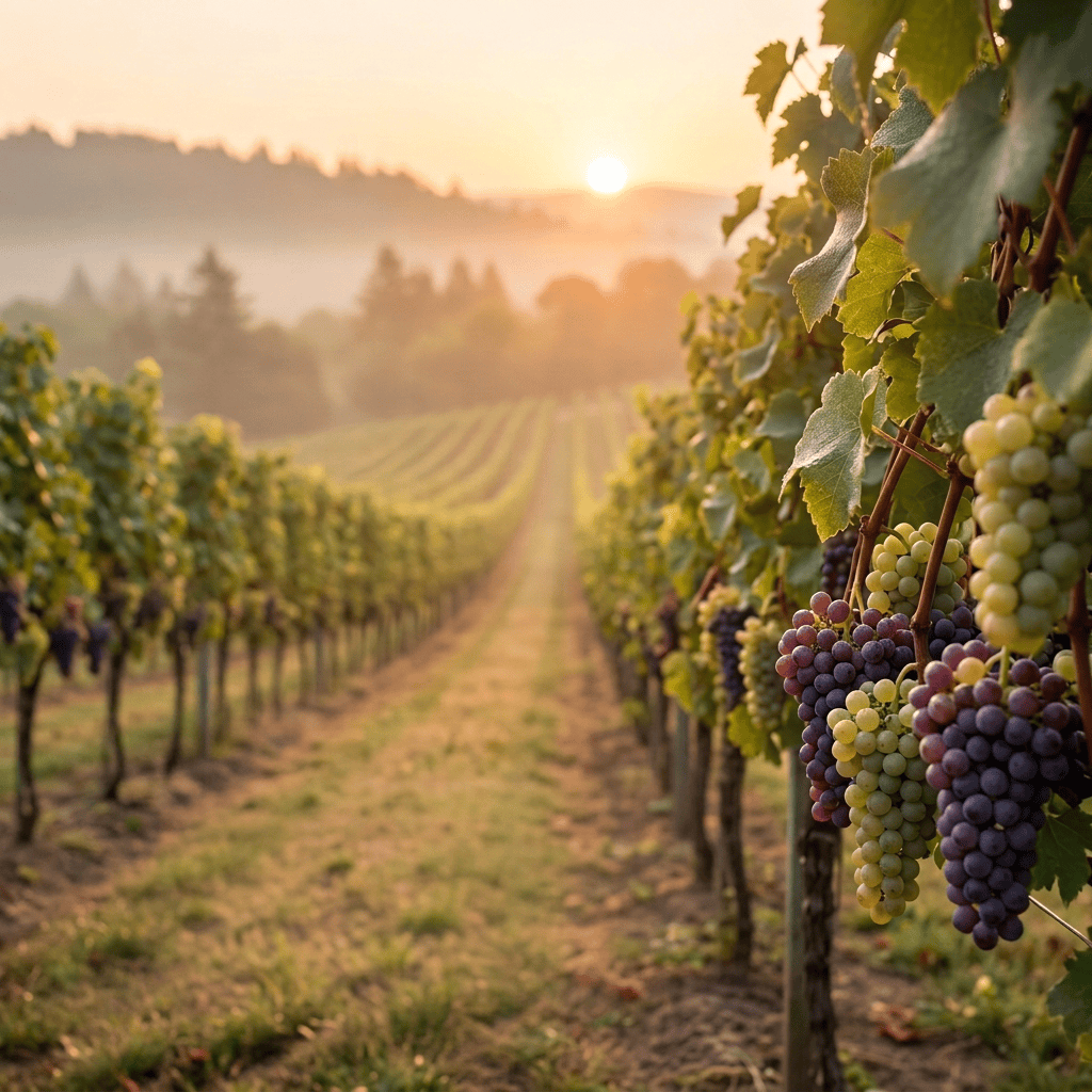 Four foxes walking through grapevines in a lush garden