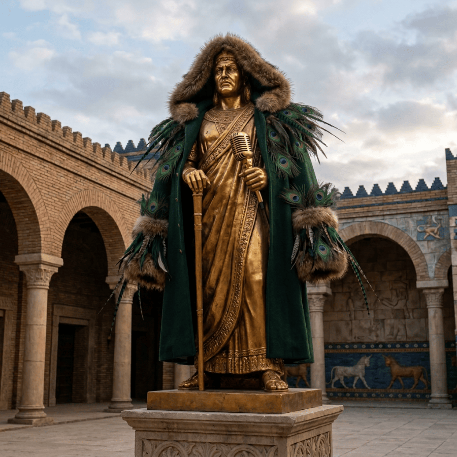 Gilded statue of an ancient ruler in a fur-trimmed cloak